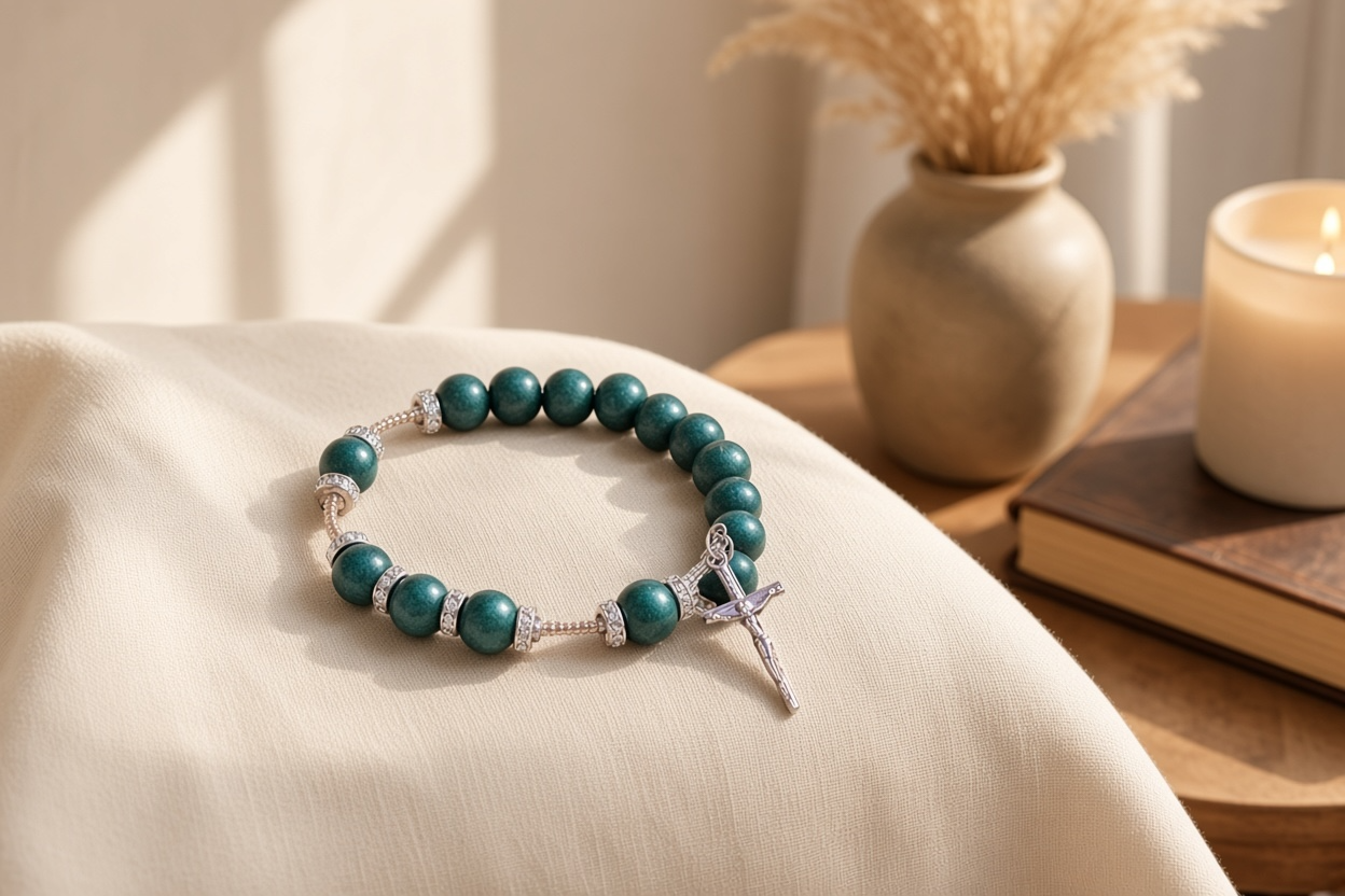 Green Wooden 10-Decade Rosary Bracelet